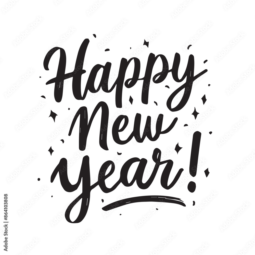 Festive Typography Happy New Year in Casual Handwritten Cursive Font on White Background Festive Typography Happy New Year in Casual Handwritten Cursive Font on White Background