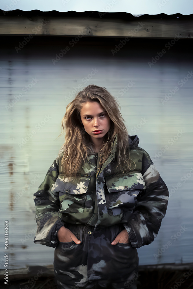 Fototapeta premium Young woman in camouflage jacket posing outdoors. Urban fashion portrait