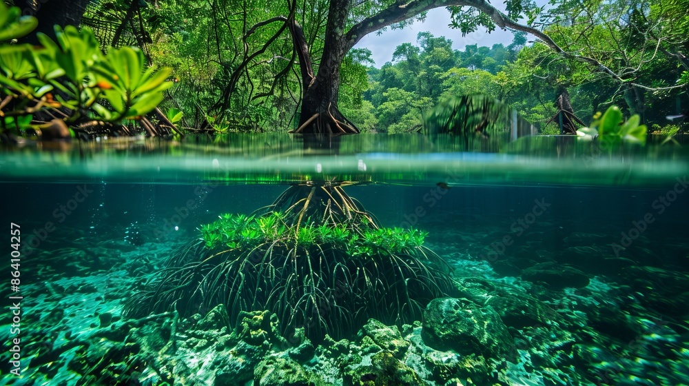 Vibrant Underwater and Above Water View of a Mangrove Forest