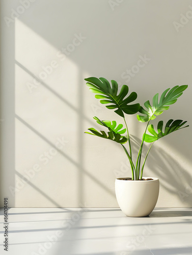 Modern minimalist interior with a potted plant casting shadows in soft natural light. Clean, fresh, and tranquil ambiance.