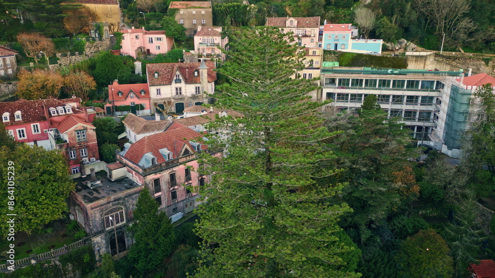 Drone picturesque green village at calm evening. Lush greenery surrounding homes Drone picturesque green village at calm evening. Lush greenery surrounding homes