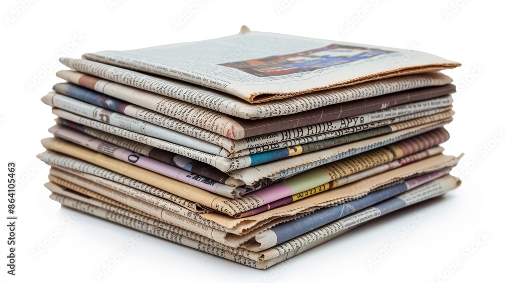 Stack of Old Newspapers with Various Colored Pages on White Background Stack of Old Newspapers with Various Colored Pages on White Background