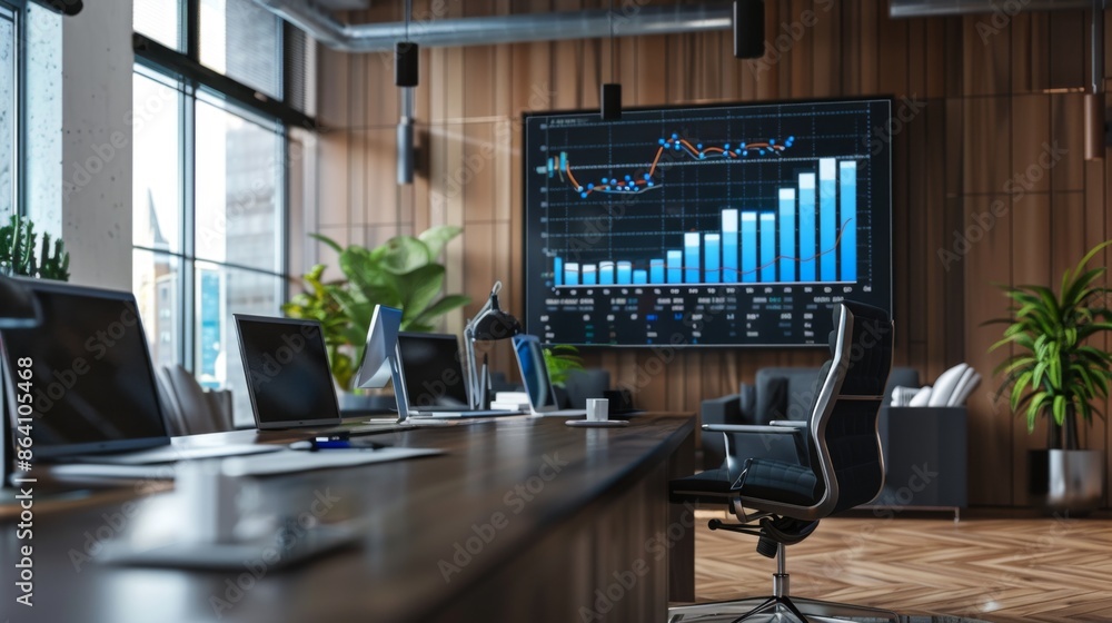A modern office with a large screen on the wall showing a financial ...