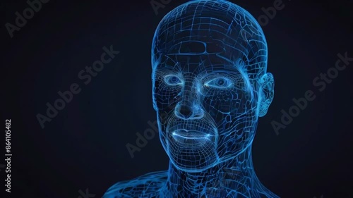 A blue wireframe model of a human head on a black background. photo