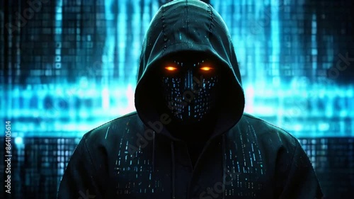 This is a video of a hacker in a black hoodie with a mask covering their face. The mask has glowing yellow eyes and there is a blue background with numbers and letters. photo