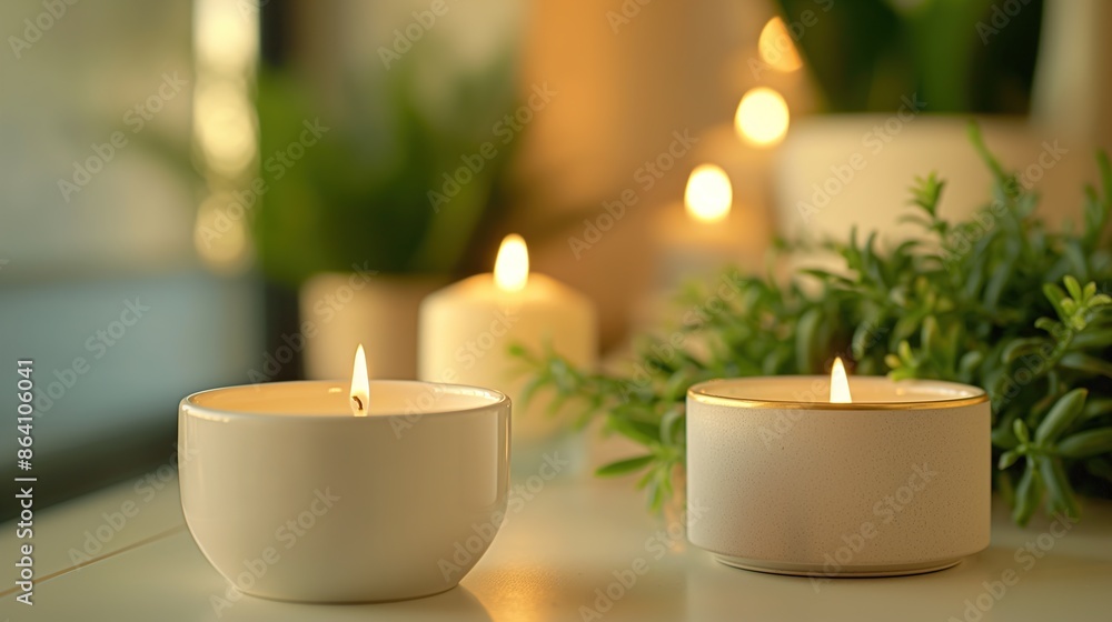 Calming Aromatherapy Setup with Scented Candles and Plants for Spa and Beauty Salon, Promoting Relaxation and Comfort in a Serene Environment Calming Aromatherapy Setup with Scented Candles and Plants for Spa and Beauty Salon, Promoting Relaxation and Comfort in a Serene Environment