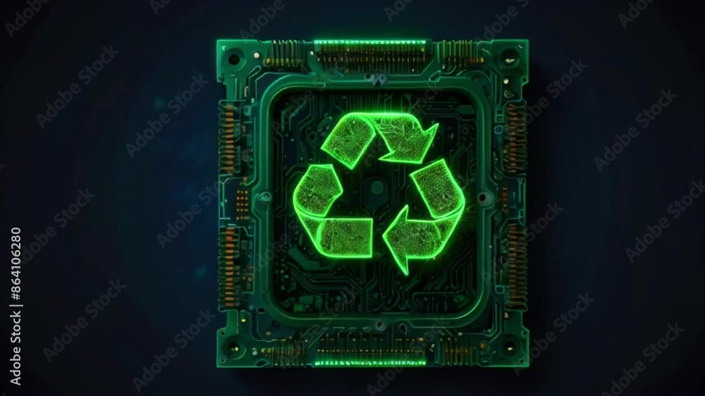 A green circuit board with a glowing green recycle symbol in the center. A green circuit board with a glowing green recycle symbol in the center.