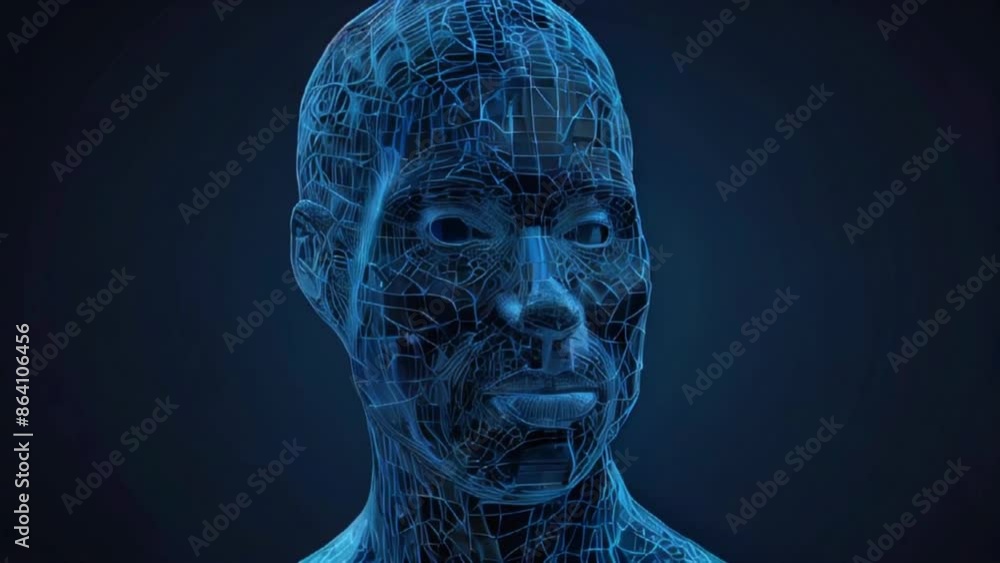 A blue, semi-transparent, wireframe model of a human head on a dark blue background. A blue, semi-transparent, wireframe model of a human head on a dark blue background.