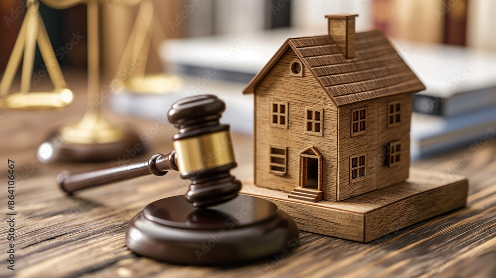 Real Estate Legal Concept with Gavel and Wooden House Model Real Estate Legal Concept with Gavel and Wooden House Model
