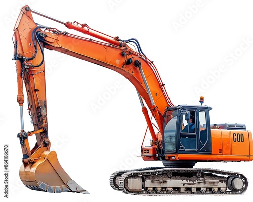 Excavator arm extended high, isolated on white, demonstrating reach and flexibility photo