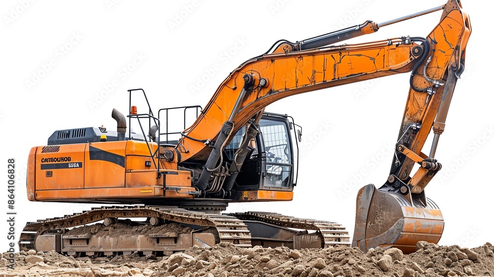 Excavator with a demolition attachment, isolated on white, showcasing powerful machinery Excavator with a demolition attachment, isolated on white, showcasing powerful machinery