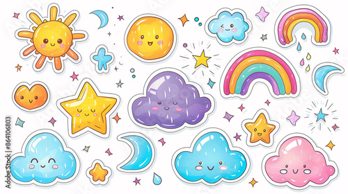 Cute kawaii stickers of various weather conditions like tornadoes and snowflakes, on white background