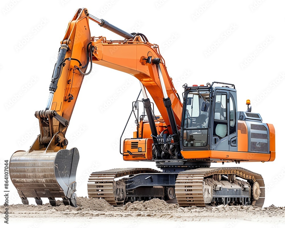 Excavator with a piling rig attachment, isolated on white, highlighting foundation work capabilities Excavator with a piling rig attachment, isolated on white, highlighting foundation work capabilities