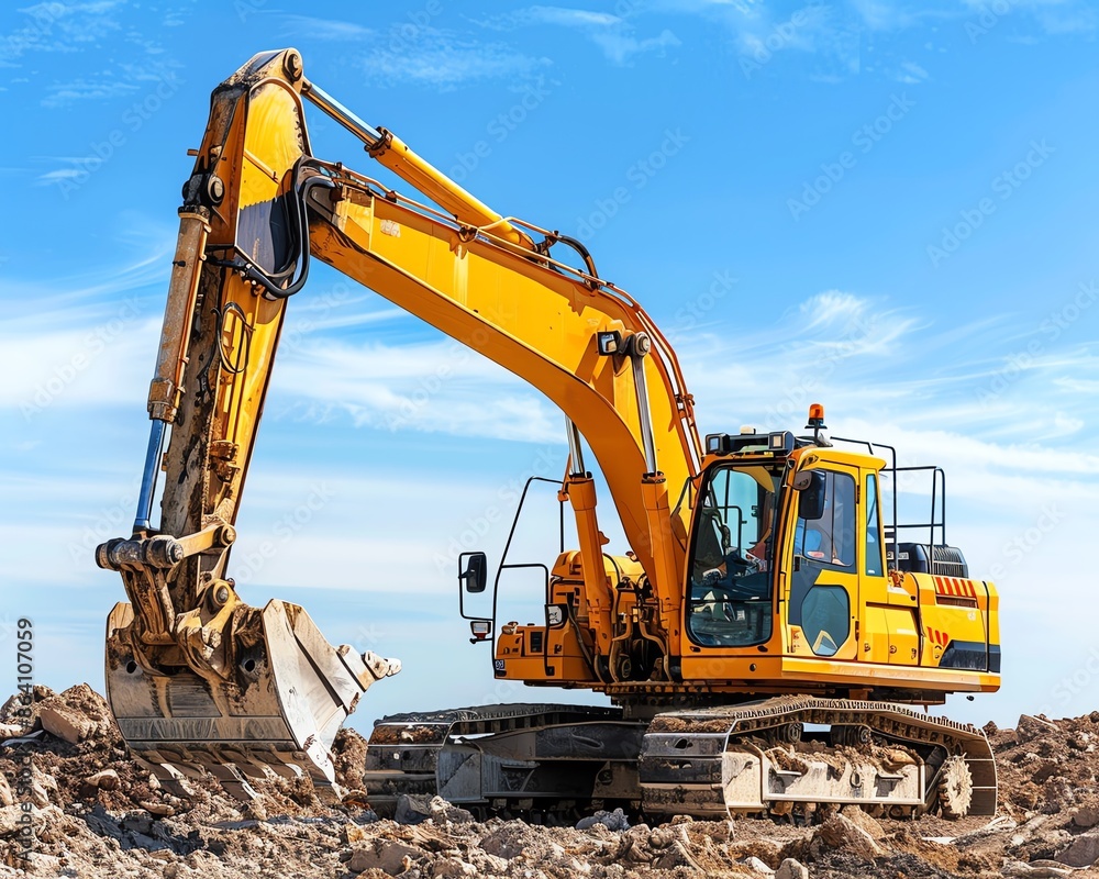 Excavator with a piling rig attachment, isolated on white, highlighting foundation work capabilities Excavator with a piling rig attachment, isolated on white, highlighting foundation work capabilities