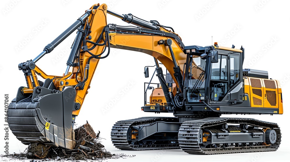 Excavator with a mulcher attachment, isolated on white, highlighting forestry equipment Excavator with a mulcher attachment, isolated on white, highlighting forestry equipment