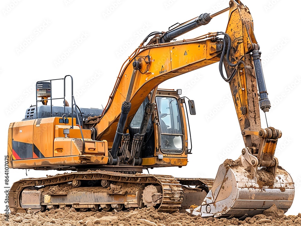 Excavator with a ripper attachment, isolated on white, showing capabilities for breaking hard ground Excavator with a ripper attachment, isolated on white, showing capabilities for breaking hard ground