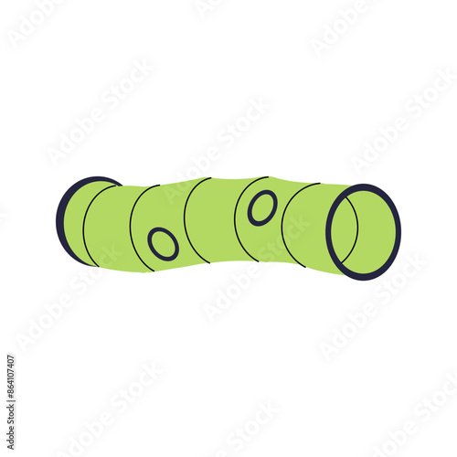 Green open tunnel for dog agility training, learning. Element of obstacle course for pets. Object to overcome, challenge by domestic animals. Flat isolated vector illustration on white background