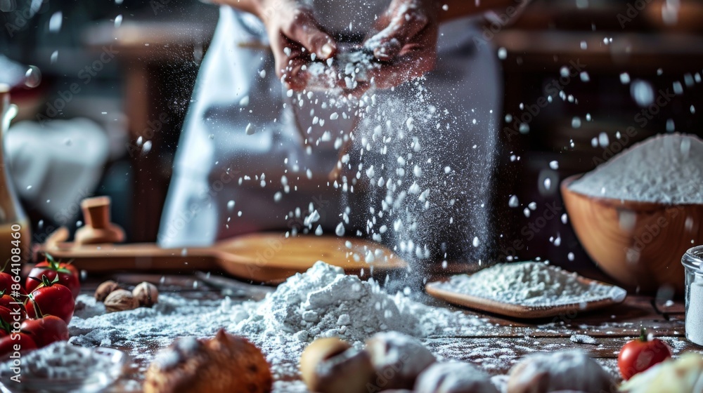 Chef Working with Flour in Kitchen Chef Working with Flour in Kitchen