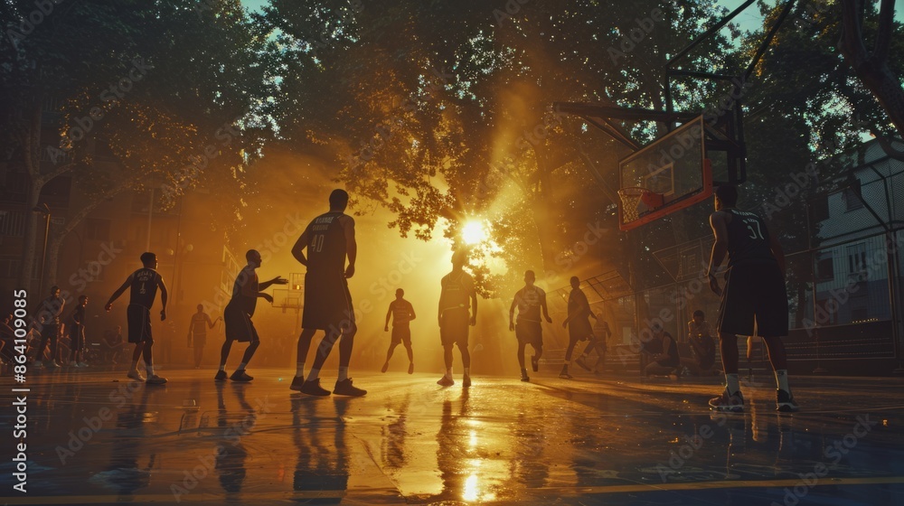 Basketball players on an outdoor court at sunset