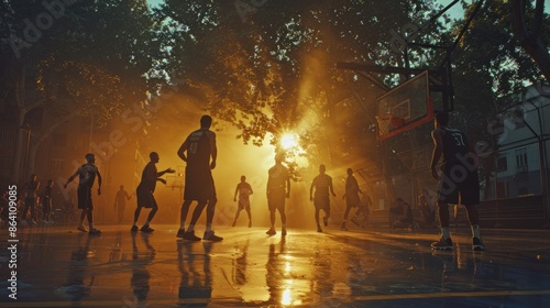 Obraz na płótnie Basketball players on an outdoor court at sunset w salonie