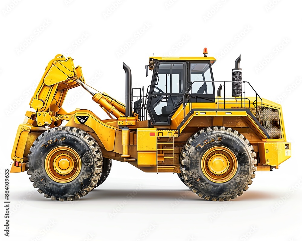 Wheel loader in pristine condition, side view, isolated on white, new equipment Wheel loader in pristine condition, side view, isolated on white, new equipment