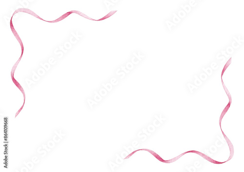 Pink ribbon frame, hand drawn watercolor illustration isolated on white background, template for greeting card or wedding invitation	

