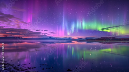 Northern lights reflecting in a still lake at night © woters