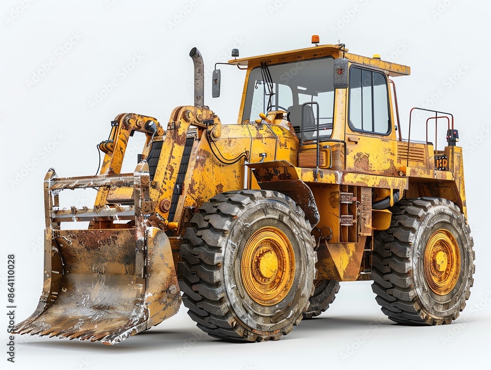 Fototapeta premium Wheel loader with fork attachment, isolated on white background, industrial machinery
