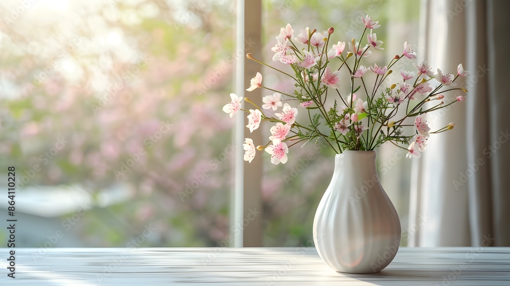 Spring flowers in a white vase on a table against a blurred window with a spring landscape outside, copy space for product display presentation. Spring flowers in a white vase on a table against a blurred window with a spring landscape outside, copy space for product display presentation.