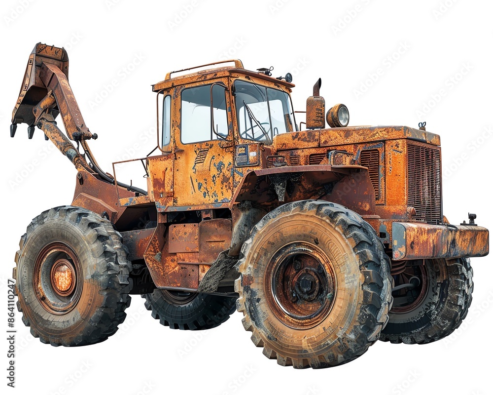 Wheel loader with rusted exterior, isolated on white background, showing wear and tear Wheel loader with rusted exterior, isolated on white background, showing wear and tear
