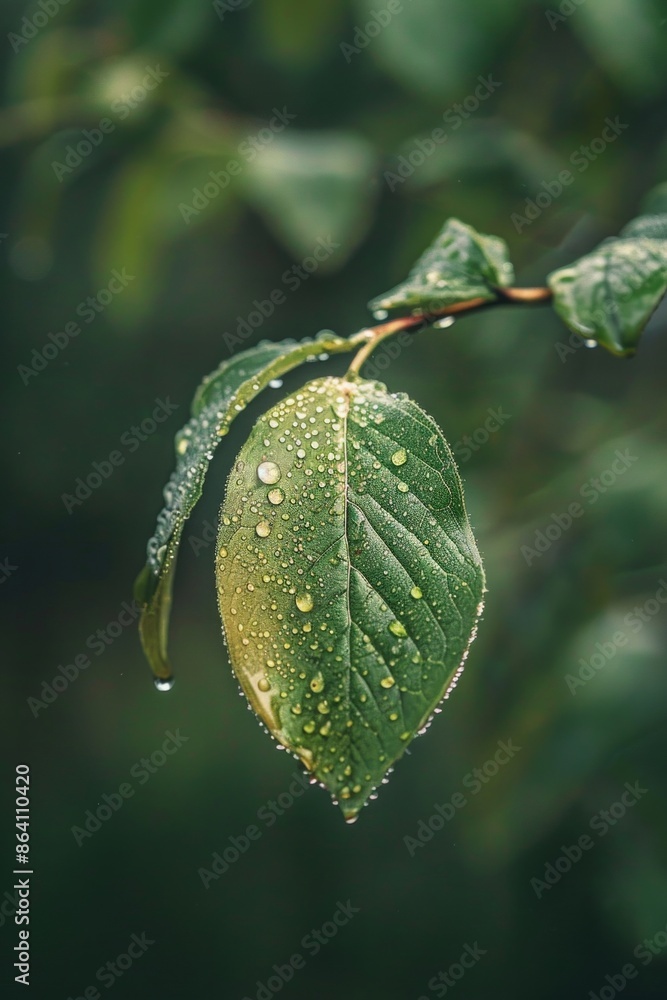 A leaf with dewdrops, with a softly blurred background of a forest scene. A leaf with dewdrops, with a softly blurred background of a forest scene.