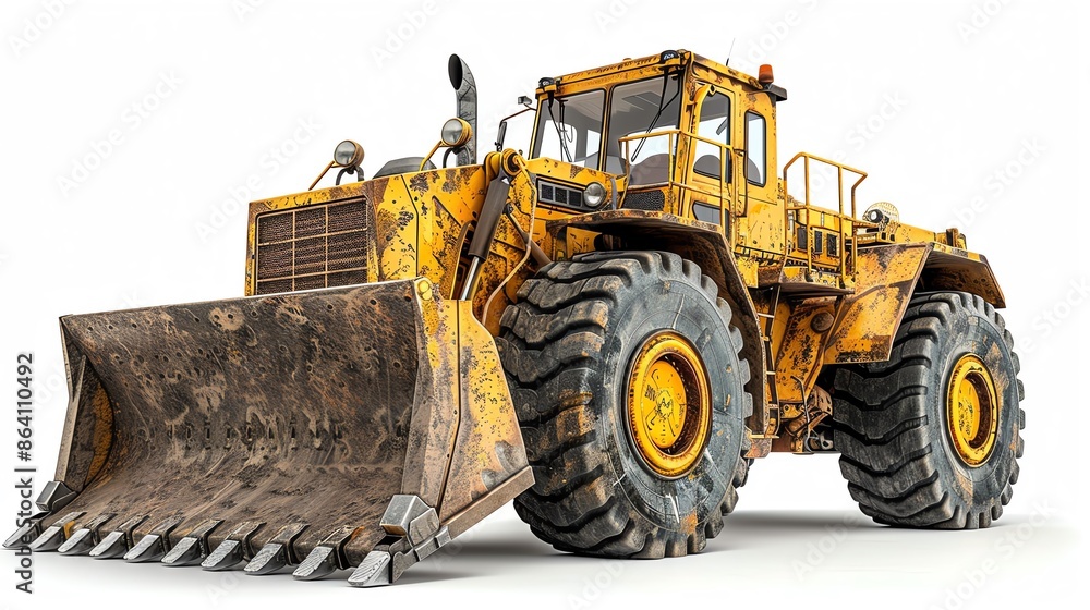 Yellow wheel loader with large bucket, isolated on white background, detailed tires and hydraulic arms Yellow wheel loader with large bucket, isolated on white background, detailed tires and hydraulic arms
