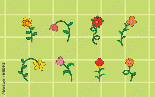 Set of botanical floral elements in trendy groovy retro style. Collection of cute hand drawn funny flowers. Vector natural illustration.