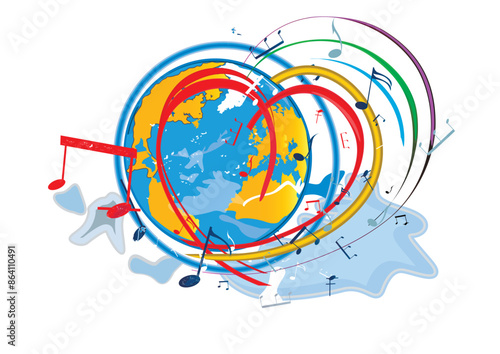 Abstract musical design with a treble clef and Planet Earth, colorful splashes, notes and waves.  Planet music. Hand drawn vector illustration.
