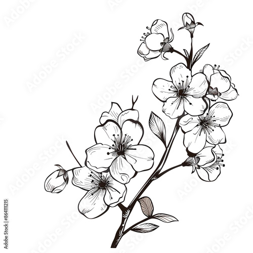 Simple Line Drawing of a Cherry Blossom Branch