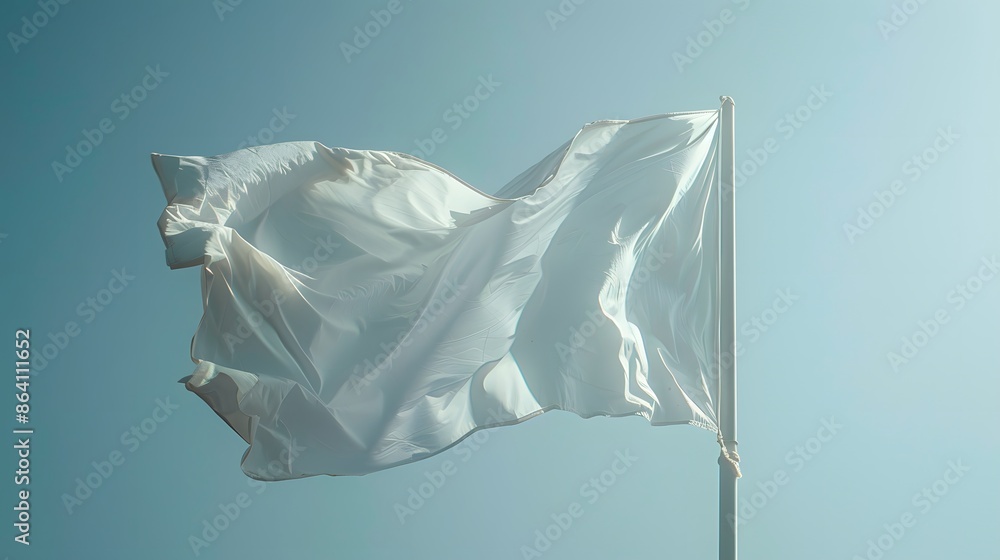 Obraz premium White flag on pole flying in wind, isolated on light blue background with copy space, detailed, natural light.