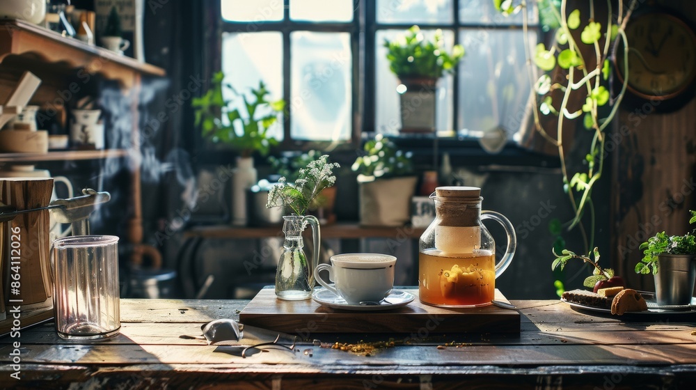 Cozy Rustic Tea Setup in a Sunlit Kitchen Cozy Rustic Tea Setup in a Sunlit Kitchen
