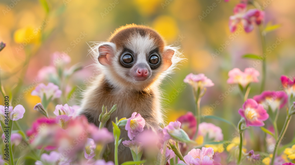 Cute baby slow loris pygmy primate standing in the middle of beautiful flowers, looking at the camera Cute baby slow loris pygmy primate standing in the middle of beautiful flowers, looking at the camera