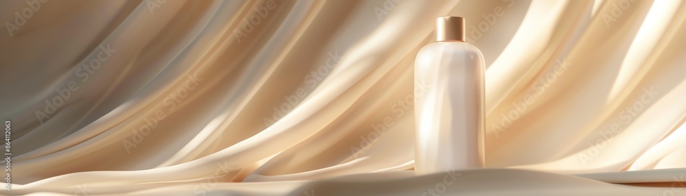 Fototapeta premium Elegant lotion bottle on silky fabric background, showcasing luxury and skincare. Perfect for beauty and cosmetic promotions.