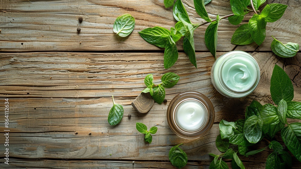 Natural skincare cream in glass jars with fresh green mint leaves on rustic wooden background. Organic beauty products and herbal cosmetics. Natural skincare cream in glass jars with fresh green mint leaves on rustic wooden background. Organic beauty products and herbal cosmetics.