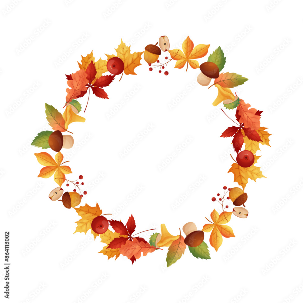 Autumn frame in circle shape on white isolated background. Leaves and mushrooms. Autumn frame in circle shape on white isolated background. Leaves and mushrooms.
