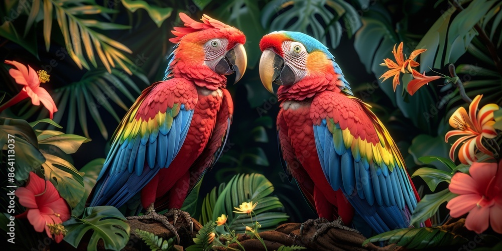 Colorful exotic macaws in a jungle with blooming flowers Colorful exotic macaws in a jungle with blooming flowers