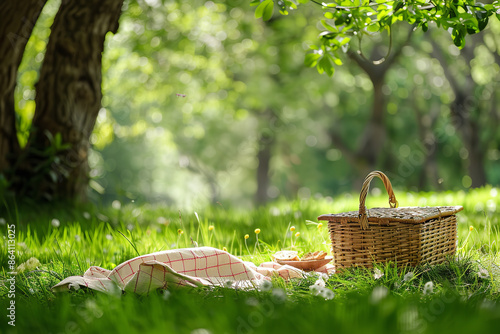 Fototapeta Naklejka Na Ścianę i Meble -  Idyllic Picnic Setup under Shady Trees on Soft Grass  