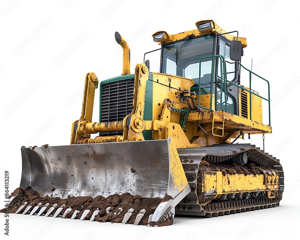 Bulldozer with stick rake, isolated on white background, land clearing equipment Bulldozer with stick rake, isolated on white background, land clearing equipment