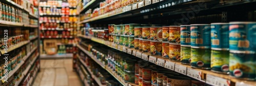 An aisle in a grocery store with shelves stocked with numerous canned foods