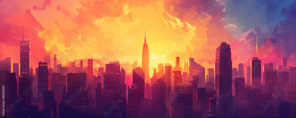 Sunset Over City: A vibrant sunset casting warm, golden light over a bustling cityscape, with skyscrapers silhouetted against the colorful sky Sunset Over City: A vibrant sunset casting warm, golden light over a bustling cityscape, with skyscrapers silhouetted against the colorful sky