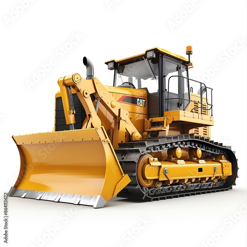 Compact bulldozer with angle blade, isolated on white, industrial tool photo