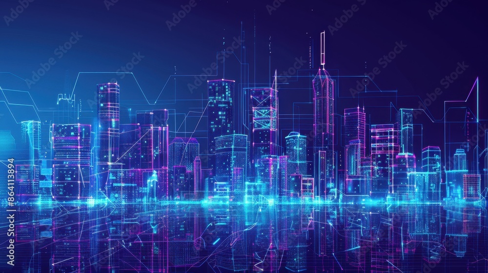 Futuristic digital cityscape featuring neon blue and purple outlined buildings under a dark blue sky, highlighting a modern metropolis.
Futuristic digital cityscape featuring neon blue and purple outlined buildings under a dark blue sky, highlighting a modern metropolis.