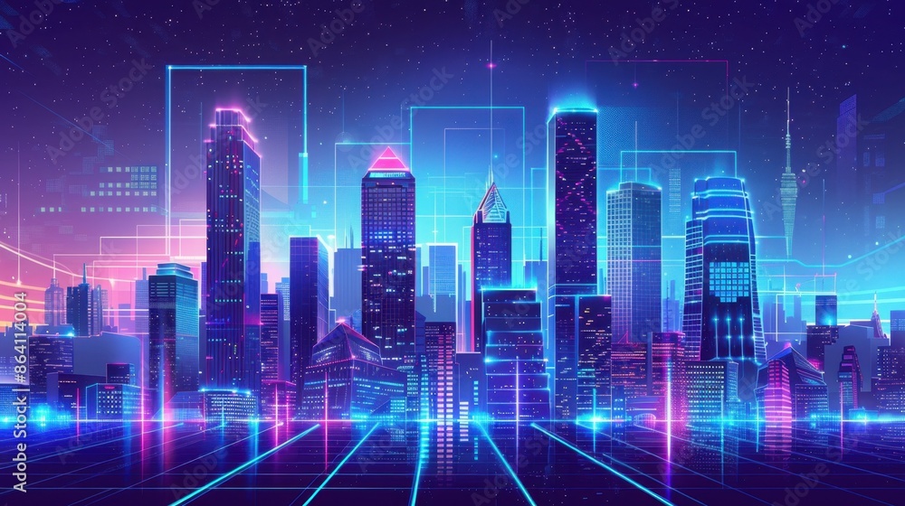 Digital city with neon blue and purple wireframe buildings, creating a futuristic skyline under a dark blue sky.
Digital city with neon blue and purple wireframe buildings, creating a futuristic skyline under a dark blue sky.