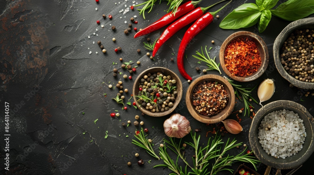 Assorted Spices and Herbs with Red Chili Peppers Assorted Spices and Herbs with Red Chili Peppers